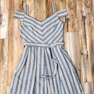 Vacation Midi Dress - striped, white and navy, Event dress, cold-shoulder dress